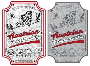 Ankündigung 14th Austrian Vespa Rallye am 9.-11.10.2026 durch 2illustriertes Medaillien Vespa Club Logos und einer Vespa mit 2 Personen.