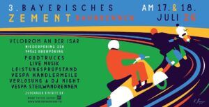 Ankündigung des 3. Bayerischen zementbahnrennen, 17./18.07.2026 in Niederpöring - farbige Illustration von 3 Vespa Fahrern eine Linkskurve fahrend.