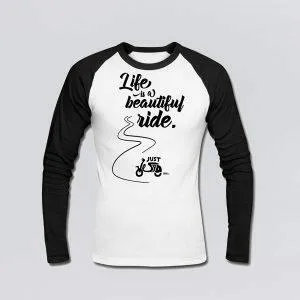 Langarm Baseball Shirt in den Farben weiss / schwarz mit schwarzem Aufdruck Life is a beautiful ride - JustWespa auf der Vorderseite