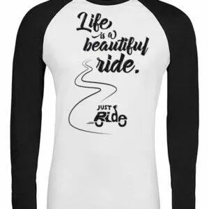 Langarm Baseball Shirt in den Farben weiss / schwarz mit schwarzem Aufdruck Life is a beautiful ride - JustRide auf der Vorderseite