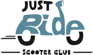 Logo JustRide, ein illustierter Roller aus den Buchstaben RIDE und darüber der Text 
