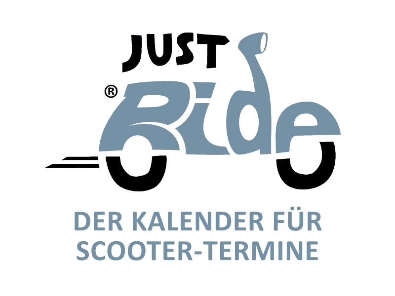Logo JustRide, ein illustierter Roller aus den Buchstaben RIDE und darüber der Text 