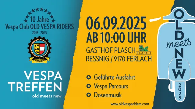 Plakat in blau und gelb zur Ankündigung der 10 Jahre Feier des Vespaclub Old Vespa Riders 2025