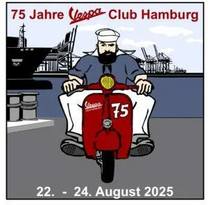 Banner mit Illu eines Mannes mit Bart sitzend auf einer Vespa von vorne ium Hintergrund Hafen zur Ankündigung 75-Jahre VC Hamburg