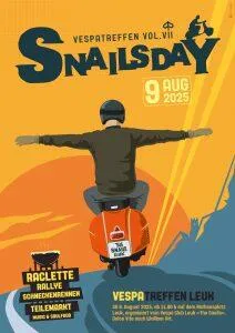 Illlustration eines Vespa Fahrers mit ausgetreckten Armen von Hinten fahrend in einen organenen Sonnenaufgang zur Ankündigung des Vespa Treffens Sailsnail in Leuk am 9.8.2025