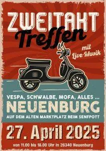 Überschrift 2-Takt-Treffen 27.4.2025 mit Abbildung eines Scooter in weiss auf rotem Hintegrund