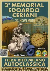 Illustriertes Plakat für den 3. Memorial Edoardo Ceriani am 23. November 2025 auf der Messe Rho Milano Autoclassica mit einem Mann auf einer klassischen Vespa und daneben eine Stoppuhr.